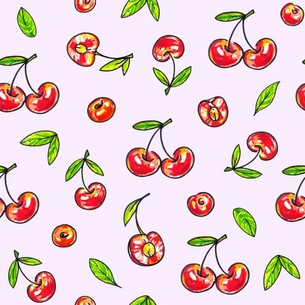 Vişneli tatlı pembe bir arka plan üzerinde. Dikişsiz desen tasarımı için. Animasyon çizimler. İşlemeli