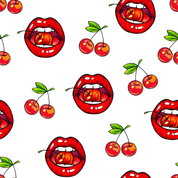 Warga wiśnia. Kobiece sexy czerwone usta z wiśni na białym tle. Animacja rysunek. Ręcznych. Markery — Zdjęcie stockowe
