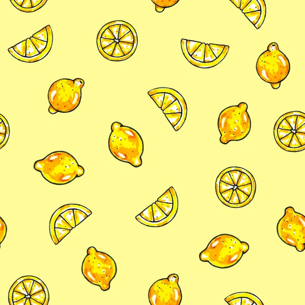 Bella animazione frutti di limone su sfondo giallo. Disegno al limone. Modello senza cuciture — Foto Stock