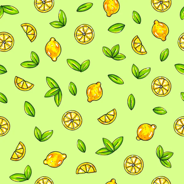 Bella animazione frutti di limone su sfondo verde. Disegno al limone. Modello senza cuciture — Foto Stock
