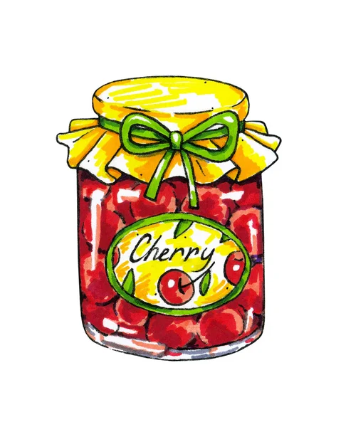 La marmellata di ciliegie in un vaso di vetro è isolata su uno sfondo bianco. Illustrazioni di animazione. Lavoro manuale. Marcatori — Foto Stock