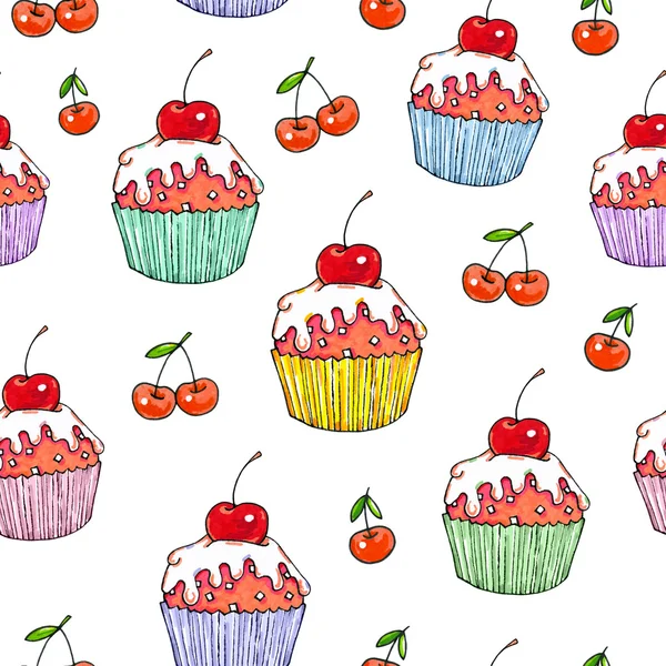 Cake cherry sweet on a white background. Seamless pattern for design. Animation illustrations. Handwork — Stock Photo, Image