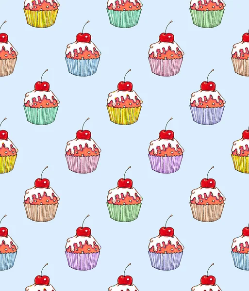 Cake cherry sweet on a blue background. Seamless pattern for design. Animation illustrations. Handwork — Stock Photo, Image