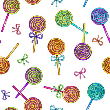 Lolipop seamless modeli. Yay tasarım ile Stick şeker. Animasyon çizimler. İşlemeli. Süsleme kumaşları