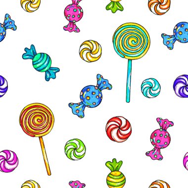 Dizi şekerler ve lolipop. Lolipop seamless modeli. Yay tasarım ile Stick şeker. Animasyon çizimler. İşlemeli. Süsleme kumaşları