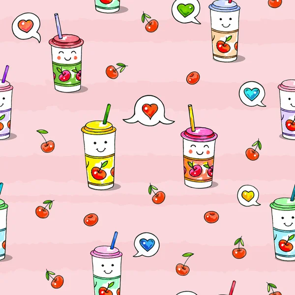 Kawaii élelmiszer rózsaszín háttér. Animáció rajz karakterek. Varrat nélküli mintát cherry juice — Stock Fotó