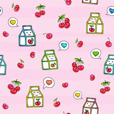 Pembe bir arka plan üzerinde Kawaii gıda. Animasyon çizim karakterleri. Dikişsiz desen vişne suyu