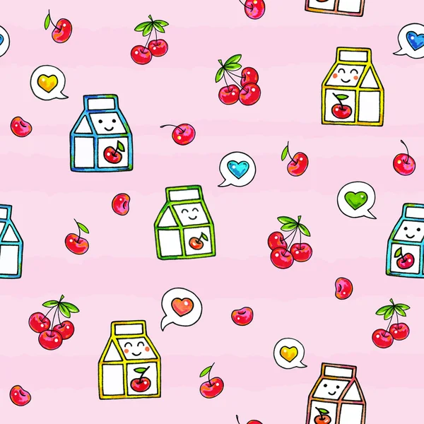 Kawaii potraviny na růžovém pozadí. Animace postav kreslení. Bezešvé pattern třešňová šťáva — Stock fotografie