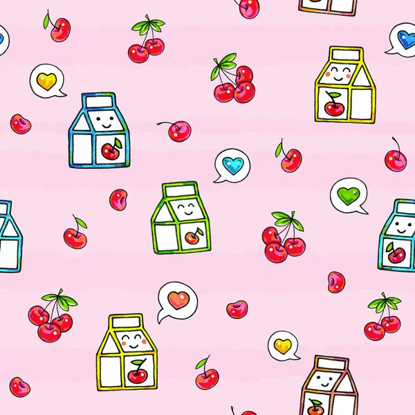 Pembe bir arka plan üzerinde Kawaii gıda. Animasyon çizim karakterleri. Dikişsiz desen vişne suyu