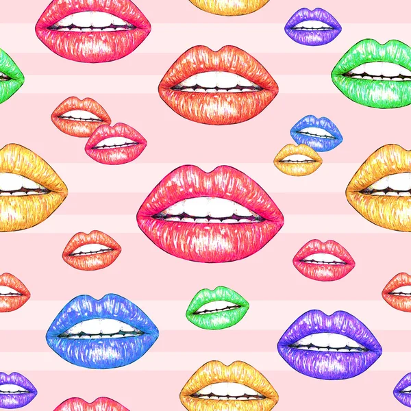 Schöne sexuelle Lippen mit weißen Zähnen auf rosa Hintergrund. weibliche Lippenzeichnung. Handarbeit. nahtloses Muster für das Design — Stockfoto