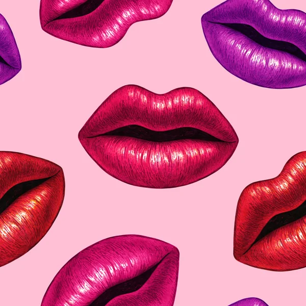 Beautiful sexy lips with white teeth on a pink background. Female lips drawing. Handwork. Seamless pattern for design — Stock Photo, Image