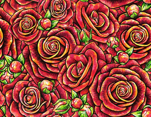 Red drawn roses seamless background. Flowers illustration front view. Handwork by felt-tip pens. Pattern in retro vintage style for design — Stock Photo, Image