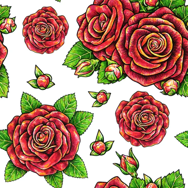 Κόκκινα τριαντάφυλλα συντάσσονται απρόσκοπτη υπόβαθρο. Εξωτερική άποψη εικονογράφηση λουλούδια. Handwork με μαρκαδόρους. Μοτίβο σε ρετρό στυλ vintage για σχεδιασμό — Φωτογραφία Αρχείου