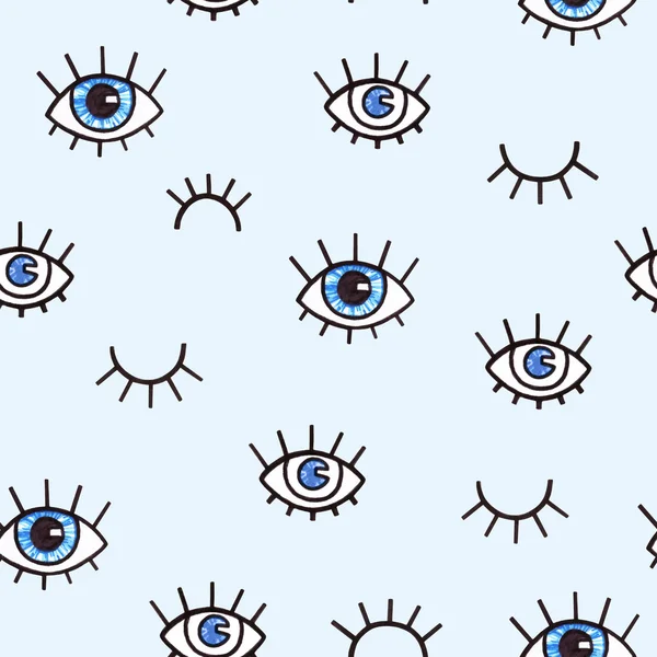 Padrão sem costura com olhos em um fundo azul. Fundo de estilo boêmio para design. Impressão abstrata de olhos abertos e fechados. Desenho à mão. Direção de arte visual — Fotografia de Stock