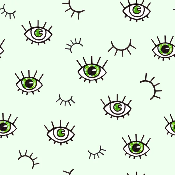 Padrão sem costura com olhos em um fundo verde. Fundo de estilo boêmio para design. Impressão abstrata de olhos abertos e fechados. Desenho à mão. Direção de arte visual — Fotografia de Stock