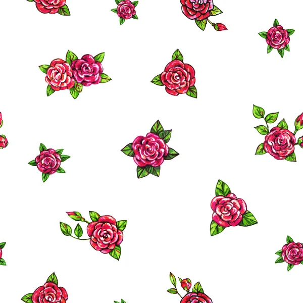 Ritas röda rosor sömlös bakgrund. Blommor bild framifrån. Handarbete av fiberpennor. Mönster i retro vintage stil för design — Stockfoto
