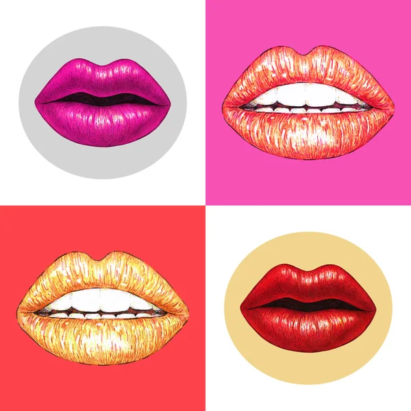 ピンクの背景の白い歯と美しいセクシーな唇。女性の唇を描画します。手仕事。設計のためのシームレスなパターン — ストック写真