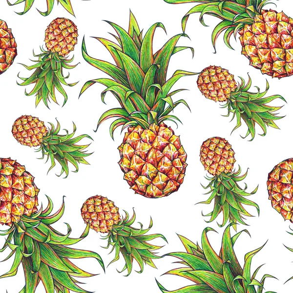 Ananas på en vit bakgrund. Färg ritning markörer. Tropisk frukt. Seamless mönster — Stockfoto