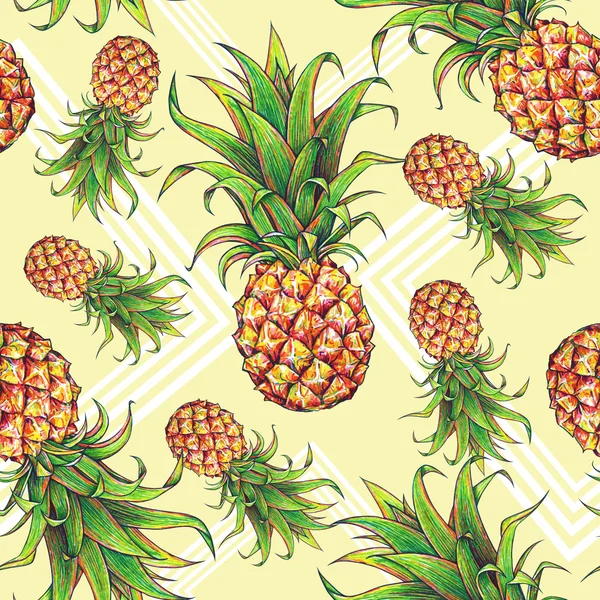 Piñas con formas geométricas sobre fondo amarillo. Marcadores de dibujo a color. Fruta tropical. Estampado de tela textil sin costuras —  Fotos de Stock