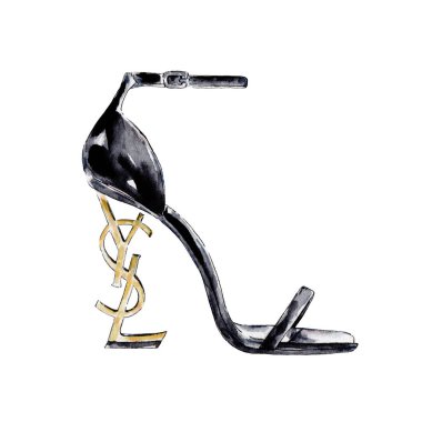 Ünlü markaların suluboya çizimleri. El işi suluboya. Deri topuklu sandaletler. Yves Saint Laurent.