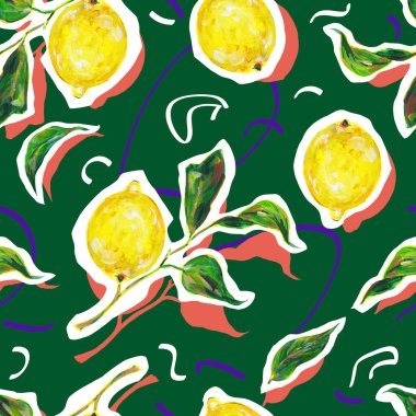 Yeşil arka planda sarı limon meyveleri. Kumaş tasarımı için kusursuz desen. El işi akrilik çizimi.