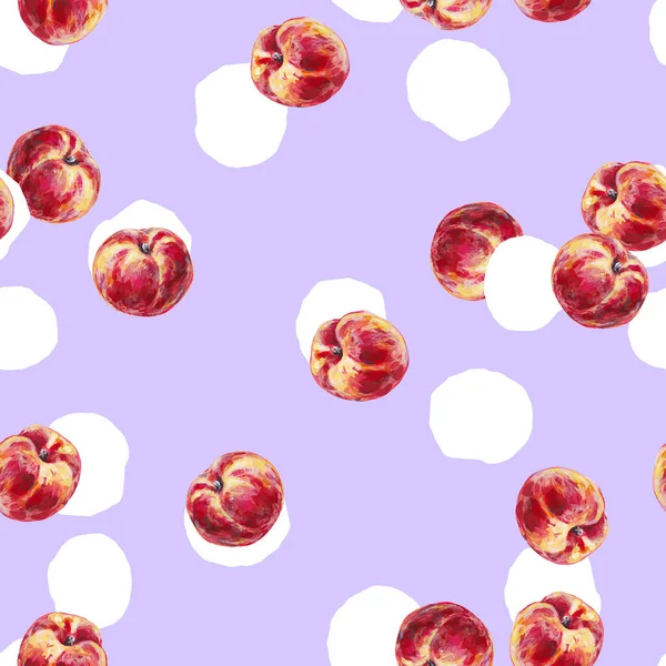 紫色の背景にエンドウ豆の桃 ファブリックデザインのためのシームレスなパターン アクリル絵具 — ストック写真