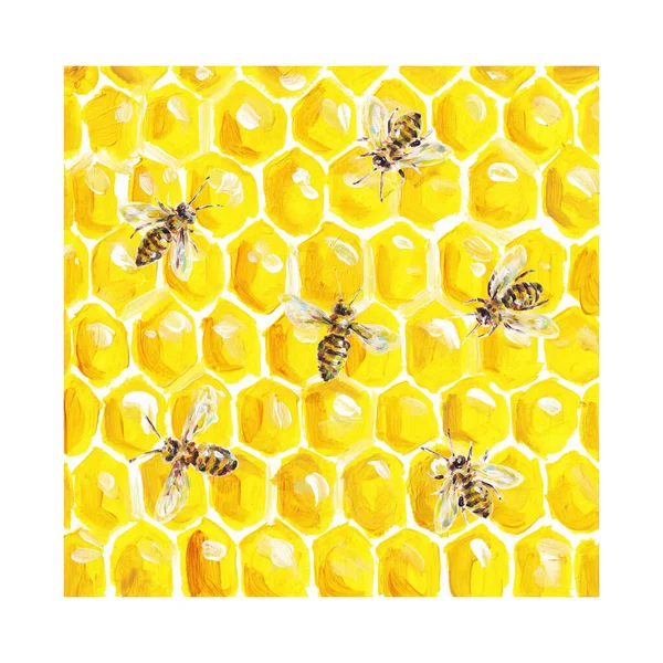 Yellow Honey Bees Combs Acrylic Painting Card Design Print Hand — Stock Photo, Image
