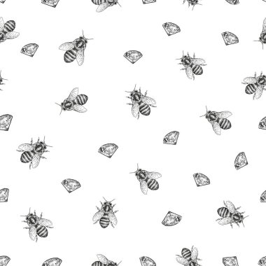 Beyaz arka planda izole edilmiş elmasları olan gerçekçi arılar. Tasarım için kusursuz desen.