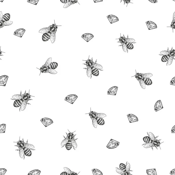 Realistische Bienen Mit Diamanten Auf Weißem Hintergrund Nahtloses Muster Für — Stockfoto