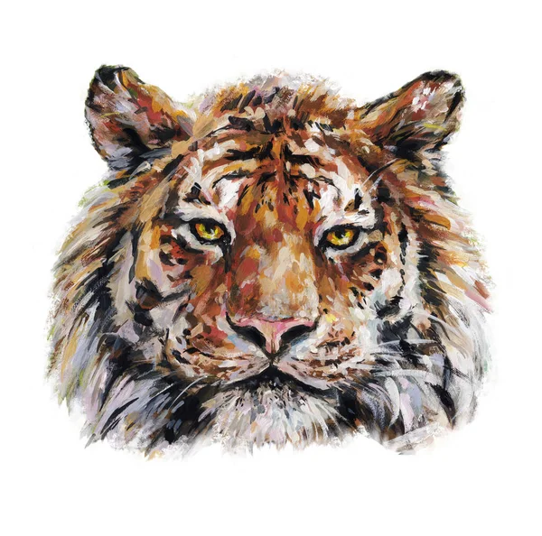 Bengal Tiger Muzzle Closeup Isolated White Background Acrylic Painting Design — Stock Photo, Image