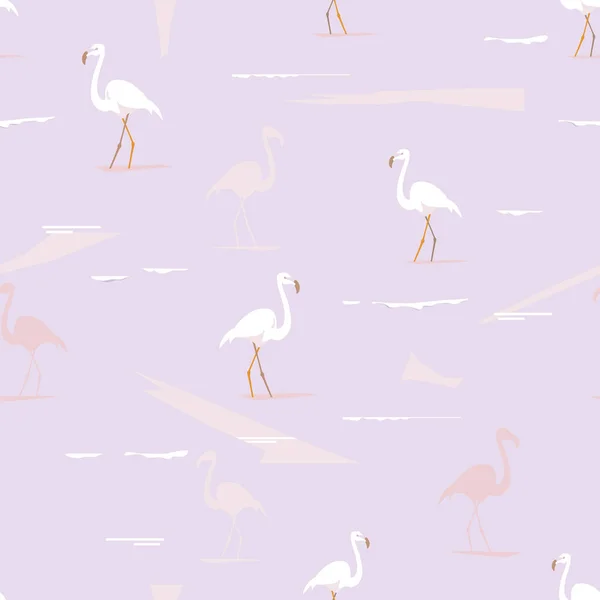 紫色の波の背景にフラミンゴの鳥 ベクトル漫画イラスト デザインのためのシームレスなパターン — ストックベクタ