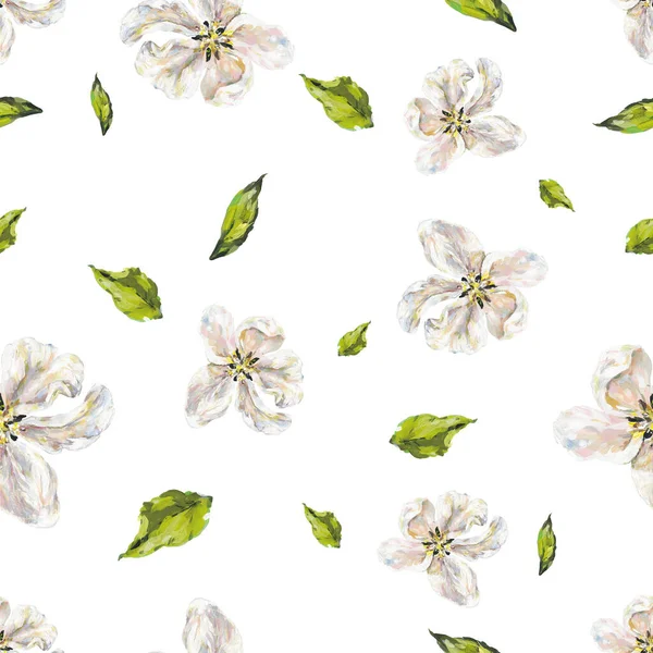 Белые Нежные Цветки Зелеными Листьями Белом Фоне Ручная Работа Бесшовный — стоковое фото