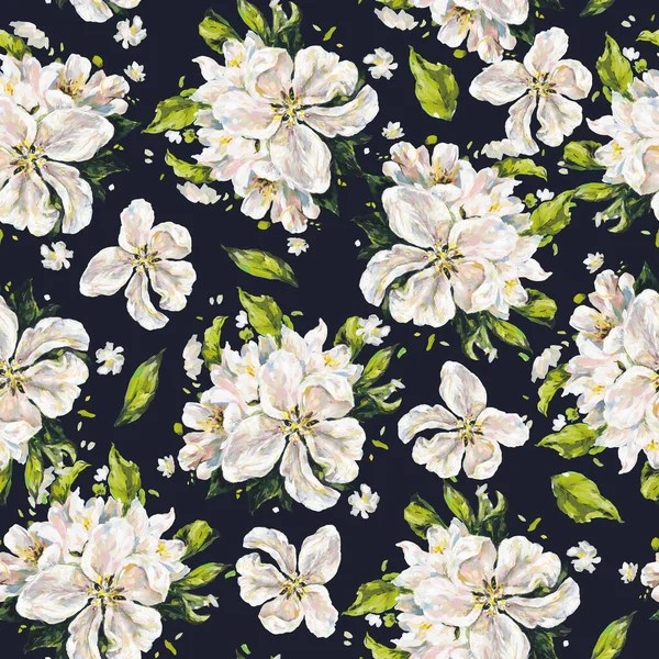 Weiße Zarte Blüten Mit Grünen Blättern Auf Schwarzem Hintergrund Handarbeit — Stockfoto