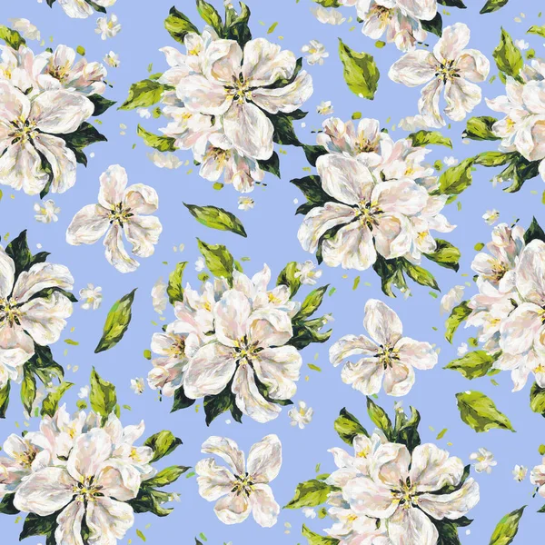 Белые Нежные Цветы Голубом Фоне Ручная Работа Бесшовный Образец Дизайна — стоковое фото