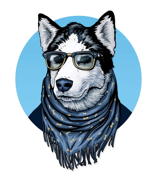 Husky mit Brille und Schal mit Zeichnung. — Stockfoto