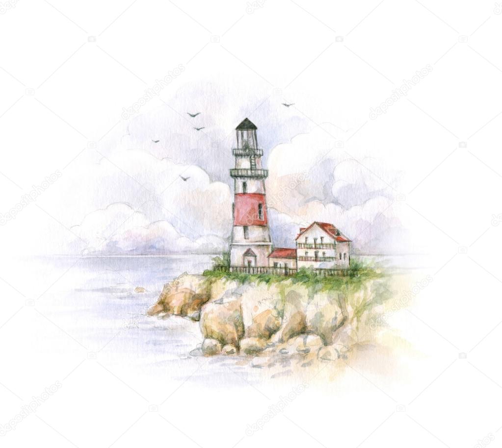 Watercolor lighthouse. Drawing of a sea landscape.
