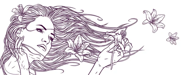 Schönes Mädchen mit langen Haaren und Lilienblüten. — Stockfoto