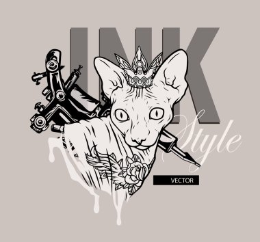 Çıplak kedi dövme olan. Dövmeler için makine. Kanada Sfenks.