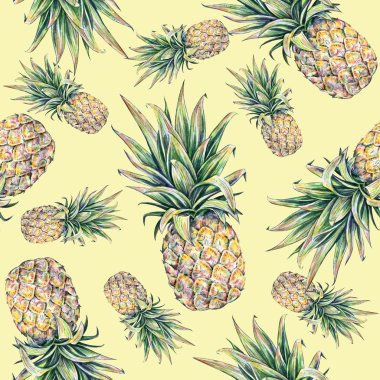 Ananas sarı bir arka plan üzerinde. Sulu Boya renkli resimde. Tropikal meyve. Seamless modeli