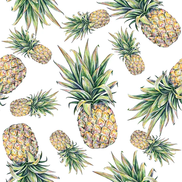 Ananas sur fond blanc. Illustration aquarelle colorée. Fruits tropicaux. Modèle sans couture — Photo