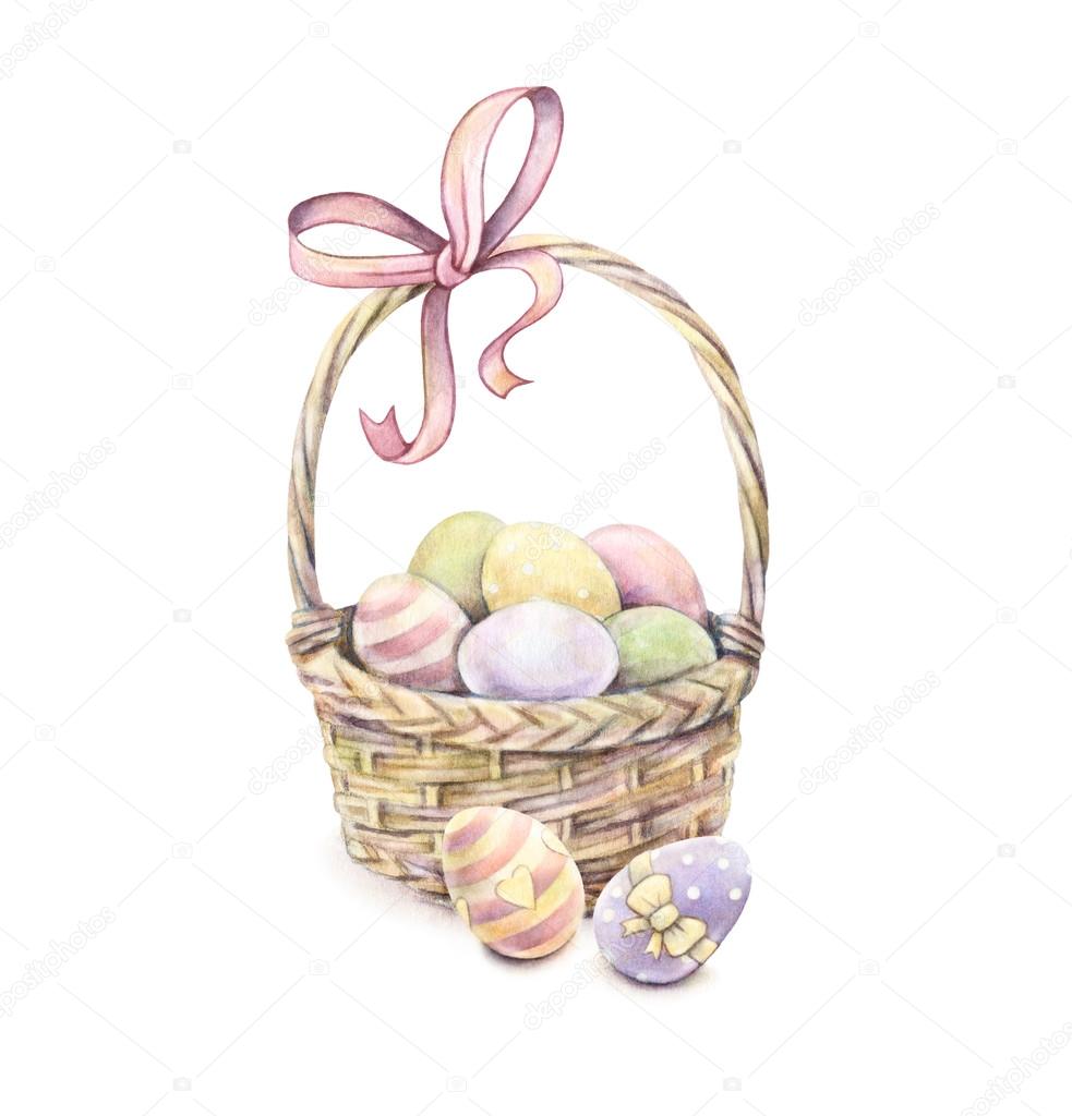 Easter basket isolated on a white background. Color Easter eggs. Watercolor drawing. Handwork.