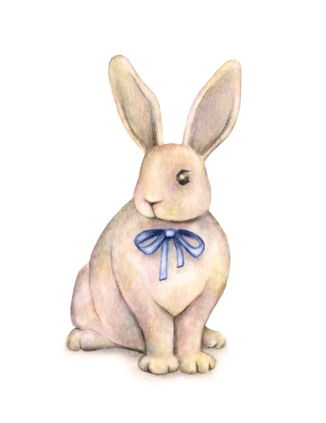 Precioso conejo acuarela con un lazo azul se aísla sobre un fondo blanco. Dibujo fantástico para niños. Trabajos manuales —  Fotos de Stock