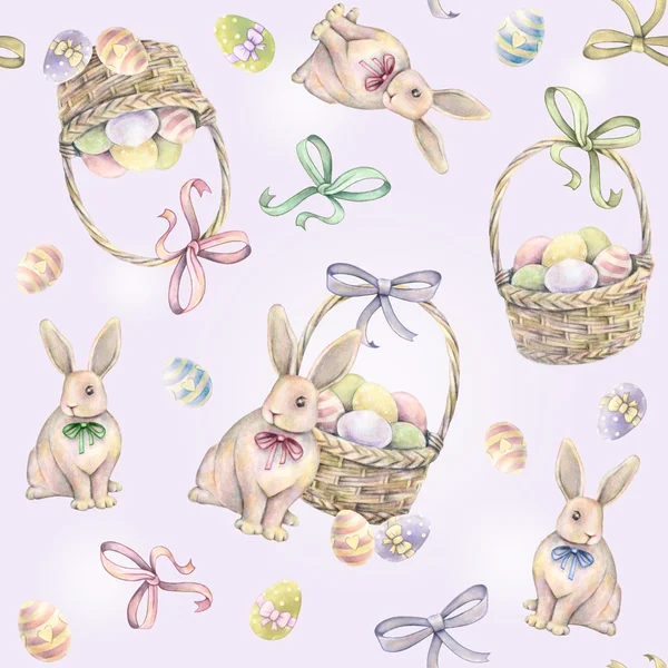 Rabbit with Easter basket on a pink background. Color Easter eggs. Watercolor drawing. Handwork. Seamless pattern — Stock Photo, Image