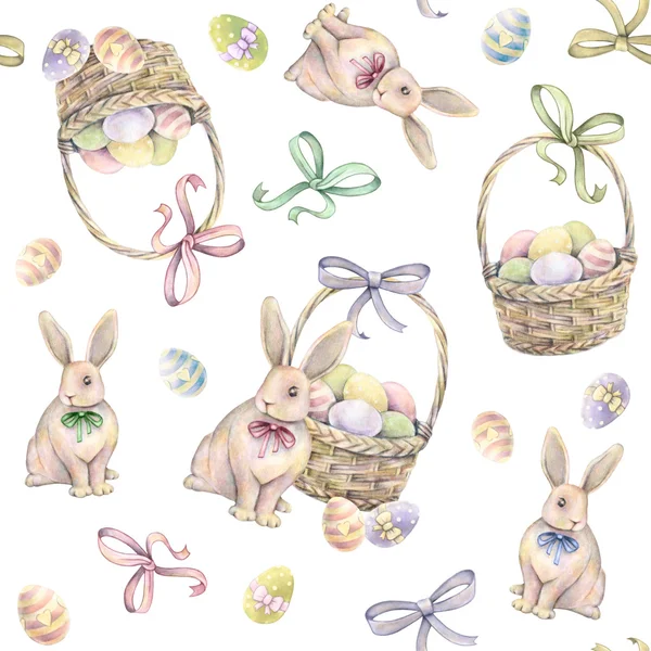 Rabbit with Easter basket on a white background. Color Easter eggs. Watercolor drawing. Handwork. Seamless pattern — Stock Photo, Image