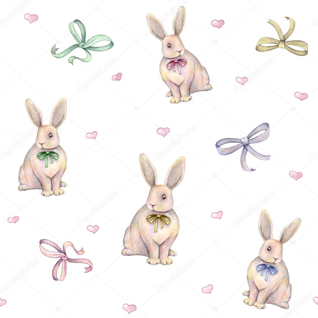 Lovely watercolor rabbit with bow is isolated on a white background. Watercolor drawing. Handwork. Seamless pattern