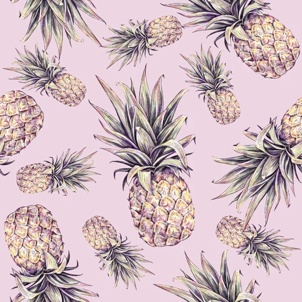 Ananas pembe bir arka plan üzerinde. Sulu Boya renkli resimde. Tropikal meyve. Seamless modeli. Yaz yazdırma