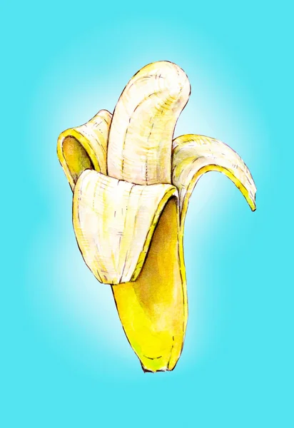 Banana isolata su fondo azzurro. Illustrazione acquerello colorato. Frutta tropicale. Lavoro manuale — Foto Stock