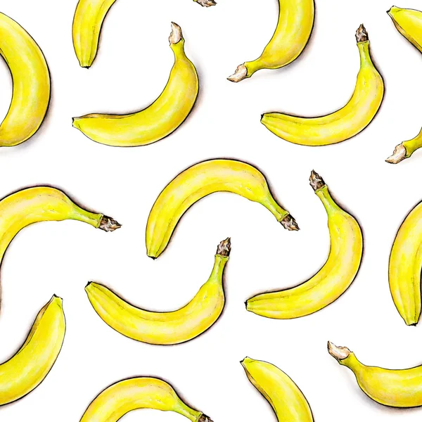 Banane su sfondo bianco. Schema senza soluzione di continuità. Illustrazione ad acquerello. Frutta tropicale. Lavoro manuale — Foto Stock