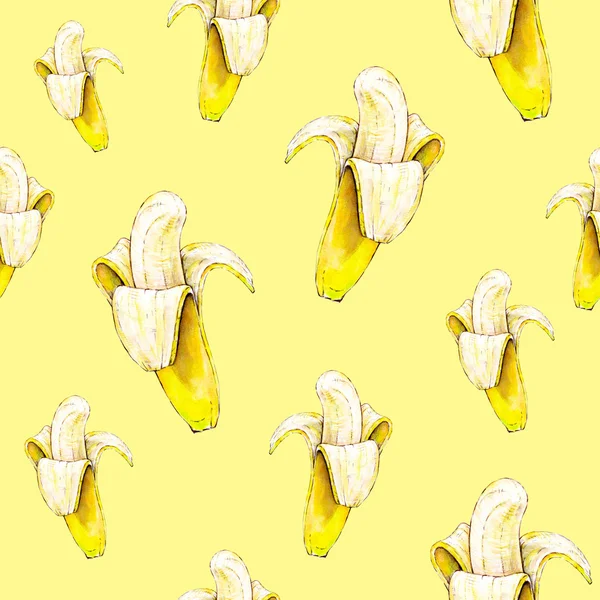 黄色の背景にバナナ。シームレス パターン。水彩イラスト。トロピカル フルーツ。手仕事 — ストック写真