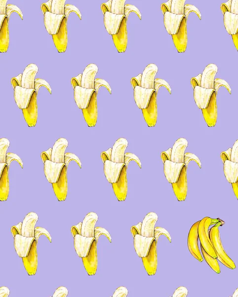 Bananas em um fundo violeta. Padrão sem costura. Ilustração aquarela. Fruta tropical. Trabalhos manuais — Fotografia de Stock